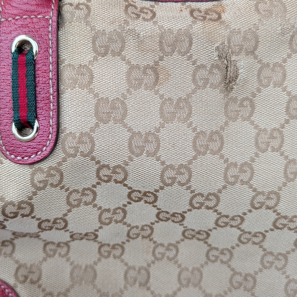 Gucci GG Canvas Tote Bag Red Leather Trim Monogram Shoulder Bag Authentic - Picture 10 of 12